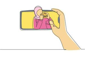 Single continuous line drawing Arab woman food blogger eating burger while creating new content video for her channel by using smartphone. Food review blogger. One line draw design vector illustration