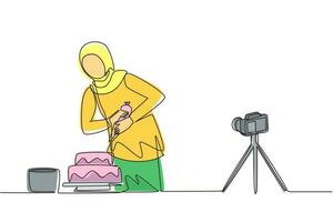 Single continuous line drawing Arab girl baking, decorating cake at kitchen. Woman blogger recording video on camera, using tripod, posting it on social media. One line draw design vector illustration