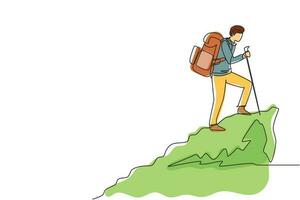 Single continuous line drawing young hiker with backpack on top of mountain. Trekking man simple sketch, Outdoor activity. Happy hikers, tourists or climbers. One line draw design vector illustration