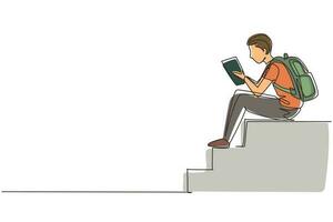 Continuous one line drawing modern young man reading book sitting on stairs. Smart male reader enjoying literature or studying, preparing for exam. Single line draw design vector graphic illustration