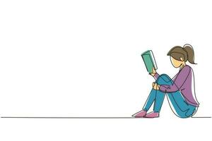 una sola línea continua dibujando a una mujer joven sentada en el suelo, leyendo un libro. leyendo, estudiando. a las chicas les encanta leer literatura. educación, concepto de biblioteca. Ilustración de vector de diseño de dibujo de una línea dinámica