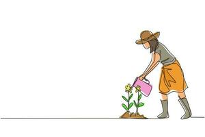 Single continuous line drawing girl volunteer watering plant with watering can, volunteering, charity, supporting people. Botanical garden, planting flowers. One line draw design vector illustration