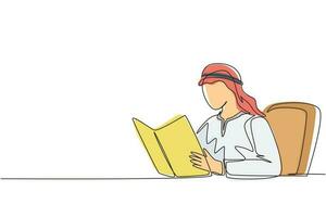 Single continuous line drawing Arab student sitting at table, holding book in hands. Student reading book in library. Student reading book, preparing for exam. One line draw design vector illustration