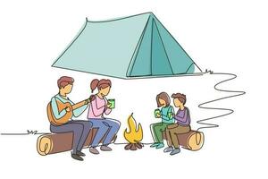 Continuous one line drawing cheerful family camping with bonfire at night. Drinking tea sitting on logs. Father playing guitar and sing song with children. Single line draw design vector illustration