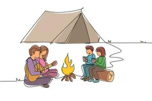 Continuous one line drawing tourist family camping with campfire and drinking hot tea. Kids sitting on logs. Dad playing guitar and sit on ground with mom. Single line draw design vector illustration