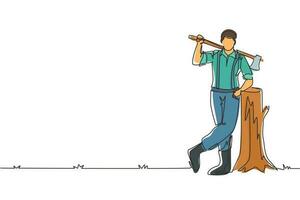 Single one line drawing lumberjack lean on the wood log. Wearing shirt, jeans and boots. Holding on his shoulder a ax. Lumberjack pose on the logging forest. continuous line draw design graphic vector