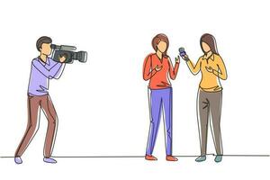 Single one line drawing woman journalist with microphone, interview man in front of camera at tv studio. Reporter, cameraman broadcast breaking news at live stream. Continuous line draw design vector