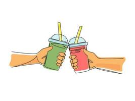 Single one line drawing two hands holding plastic cup bubble tea is toasting and clinking. Brown sugar flavor tapioca pearl bubble milk tea with glass straw. Continuous line draw design graphic vector