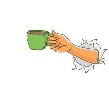 Single continuous line drawing right man's hand hold white cup with coffee or tea. Torn hole in white paper, copy space. Concept of lunch break at work, lunch. One line draw design vector illustration