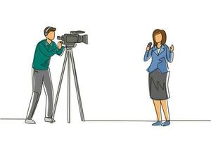 Single continuous line drawing journalist. Woman reporter. Journalists to report. Two journalists. Team of woman reporter journalist man operator broadcasting. One line draw design vector illustration