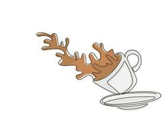 Single continuous line drawing coffee splashing out of cup. Cup of tea with tea and splashes. Splash of tea in the falling cup. Splash coffee in white cup. Dynamic one line draw graphic design vector