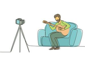 Single one line drawing Arabic man recording video of his playing guitar by camera on tripod. Male vlogger influencer performing music for show to streaming digital. Continuous line draw design vector