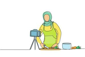 blogger de comida de dibujo continuo de una línea. chef cocinando, grabando video usando cámara. canal en línea, transmisión. mujer árabe enseña a cocinar una nueva receta. espectáculo culinario. vector de diseño de dibujo de una sola línea