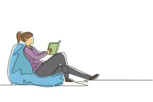 Continuous one line drawing girl on sofa in room reading book and having rest. Young woman reads book on couch at cozy home. Girl sitting on sofa, reading book, resting. Single line draw design vector