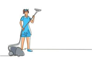 Single one line drawing young woman works at home, do cleaning in uniform. Home vacuum cleaner. Household home appliances. Disinfection and cleaning. Continuous line draw design vector illustration