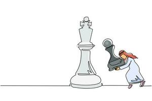 un solo hombre de negocios árabe que dibuja una línea sosteniendo una pieza de ajedrez de peón para vencer al rey del ajedrez. planificación estratégica, estrategia de desarrollo empresarial, tácticas en el emprendimiento. vector de diseño de dibujo de línea continua