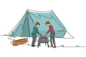 dibujo de una sola línea feliz pareja está haciendo una barbacoa en la montaña. hombre mujer acampando en el bosque, recreación activa, cita romántica fuera de la ciudad. ilustración de vector de diseño de dibujo de línea continua