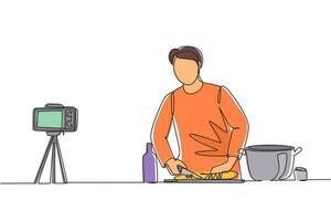 Single one line drawing chef in uniform standing in kitchen and cutting onion while filming himself for blog. On kitchen counter are vegetables, spices. Continuous line draw design vector illustration