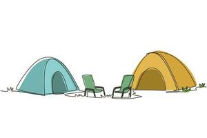 Single one line drawing camping landscape in campsite ground. Pair of tents with two chair in forest on grass. Summer camping on nature. Eco tourism. Continuous line draw design vector illustration