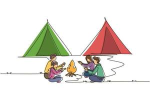 Single one line drawing two couple camping around campfire tents. Group of man woman warm their hands near bonfire sitting on ground. Wild nature trip. Continuous line draw design vector illustration