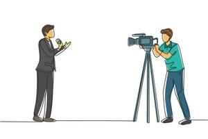 Single one line drawing correspondent or reporter and operator. News reporter performing. Journalists on air. Video cameraman filming news reporter with microphone. Continuous line draw design vector