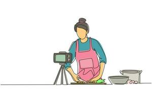 Single continuous line drawing food blogger. Chef cooking, recording video using camera. Online channel, stream. Woman teaches cooking new recipe. Culinary show. One line draw graphic design vector