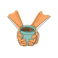 Single one line drawing cup of tea in hands of men. Man warming hands touching a hot cup of tea. Time relax in the morning with tea or coffee. Continuous line draw design graphic vector illustration