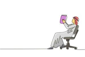 Single one line drawing Arab man reads book in chair. Side view of exiting process of learning by young male. Style of boy spending spare time by reading literature. Continuous line draw design vector