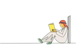 dibujo de una sola línea continua joven árabe sentado en el suelo, reclinado en la pared de la biblioteca, leyendo un libro. chico estudiando y leyendo libros de texto. lector sentado en el suelo y aprendiendo. vector de diseño de dibujo de una línea