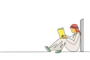 Single continuous line drawing young Arab man sit on floor, reclined on wall of library, read book. Guy studying and reading textbook. Reader sitting on floor and learning. One line draw design vector