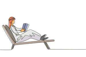 Single one line drawing reclined Arabian man reading book in lounge chair. Chill out time with good story concept. Smart male reader enjoying literature or studying. Continuous line draw design vector