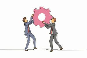 Continuous one line drawing two business men hold cogwheel work together ponder think strategy concept. Businessmen lifting gear. Collaboration. Single line draw design vector graphic illustration