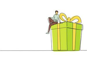 Single one line drawing businessman sitting on big gift box. Big present concept. Man sitting on big box with present. Happy person gets a huge gift. Continuous line draw design vector illustration