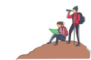 Continuous one line drawing couple man woman hikers with backpacks, binocular, and hiking gear reading route map. Looking for direction, trekking location. Single line draw design vector illustration