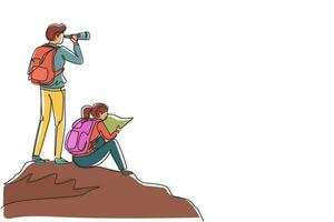 dibujo continuo de una línea pareja de excursionistas hombre mujer con mochilas, binoculares y equipo de senderismo leyendo el mapa de ruta. buscando dirección, comprobando ubicación. ilustración de vector de diseño de dibujo de una sola línea