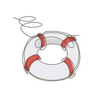 Single continuous line drawing lifebuoys, rescue belts, inflatable rubber ring with rope for help and safety of life drowning. Rescue ring for quick help. One line draw design vector illustration