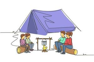 Continuous one line drawing hiking family around campfire tents boil water in pot. Parent and kid getting warm near bonfire and sitting on logs. Single line draw design vector graphic illustration