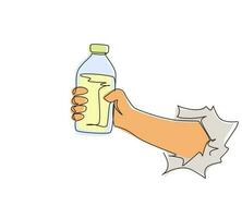 Single one line drawing hand holding fresh milk on bottle glass packaging healthy drink product through torn white paper. Fresh milk for health food. Continuous line draw design vector illustration