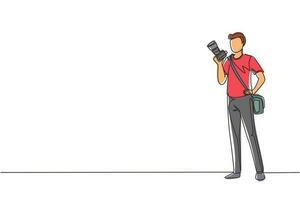 Continuous one line drawing paparazzi and journalist occupation, standing with digital camera and sling bag. Professional photographer taking pictures. Single line draw design vector illustration