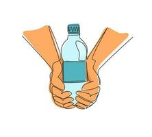 Single continuous line drawing hands holding plastic bottle of pure drinking water refreshing and splash on hot background with hungry and thirsty concept for good health. One line draw design vector