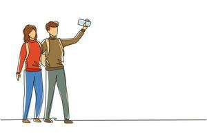 Single continuous line drawing couple standing full length trying to take selfie with mobile device in hand. Man and woman are photographed together. One line draw graphic design vector illustration