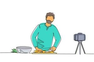 Continuous one line drawing Arabian chef standing in kitchen and cutting onion while filming himself for blog. On kitchen counter are vegetables and spices. Single line draw design vector illustration