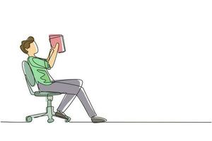 Single continuous line drawing boy reads book in chair. Side view of exiting process of learning by young male. Style of boy spending spare time by reading literature. One line draw design vector