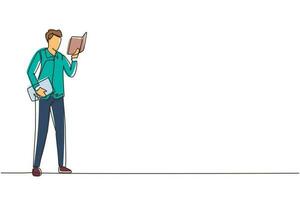 Continuous one line drawing young man stands and holds book in his hands. Guy reading book. Student in university library. Boy spending spare time by reading literature. Single line draw design vector