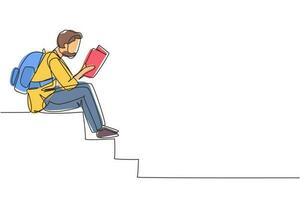 Single continuous line drawing modern young Arabian man reading book sitting on stairs. Smart male reader enjoying literature or studying, preparing for exam. One line draw design vector illustration