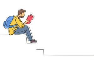 Single continuous line drawing modern young Arabian man reading book sitting on stairs. Smart male reader enjoying literature or studying, preparing for exam. One line draw design vector illustration