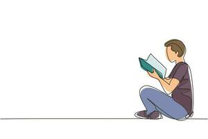 Single continuous line drawing teenage man in casual clothing sitting at floor and reading book. Enthusiastic reader for educational and hobby concept. One line draw graphic design vector illustration