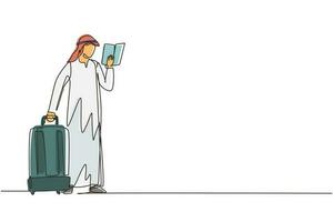 Single one line drawing Arabian man reading textbook. Male student standing with open book in hands and suitcase. Enthusiastic reader for educational. Continuous line draw design vector illustration