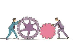 Single continuous line drawing two businessman pushing big cogs together. Teamwork cooperation in gears mechanism. Young men working on push gears, teamwork or leadership. One line draw design vector