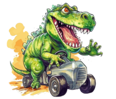 T-Rex Reiten auf LKW , Karikatur Dinosaurier Zeichen Fahren . ai generiert png